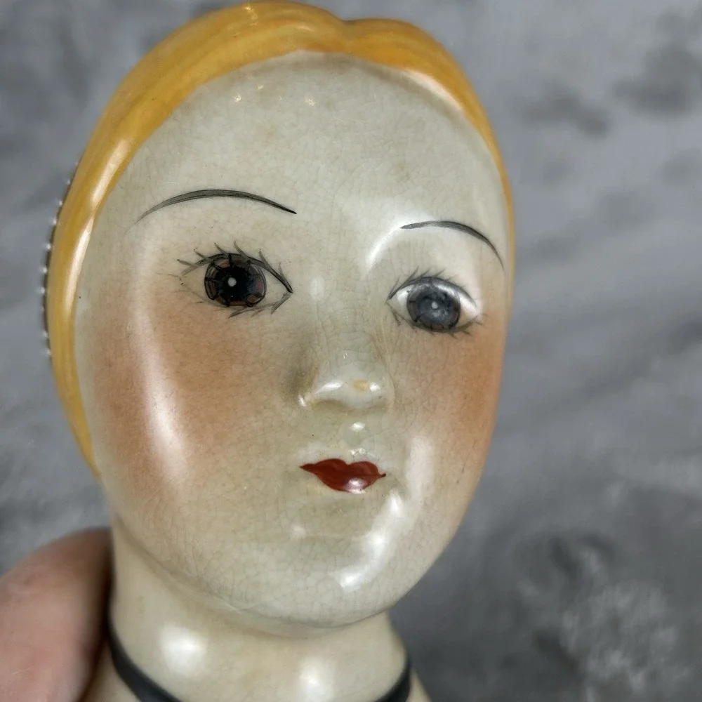Vintage Ceramic Lady Head Wall Pocket Vase Planter Blonde Woman Polka Dot Dress